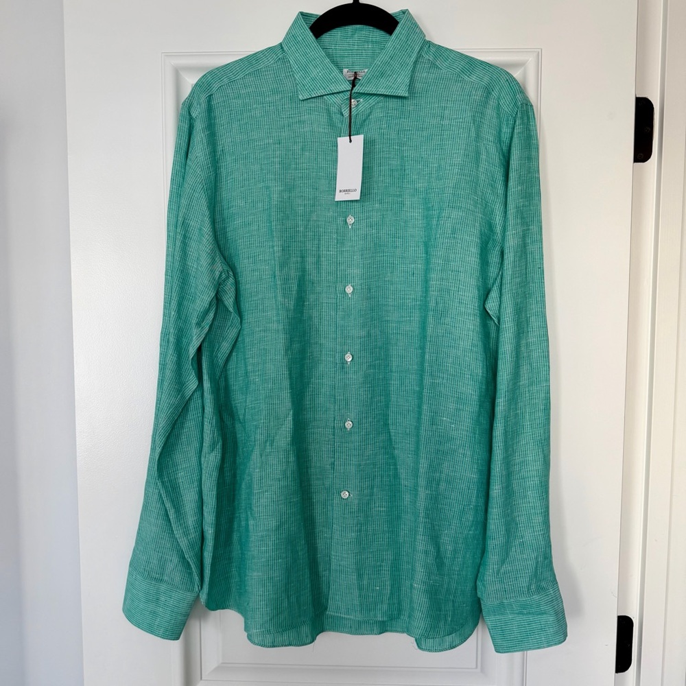 NWT Borriello Napoli Men's Green Striped Linen Shirt, Size Large